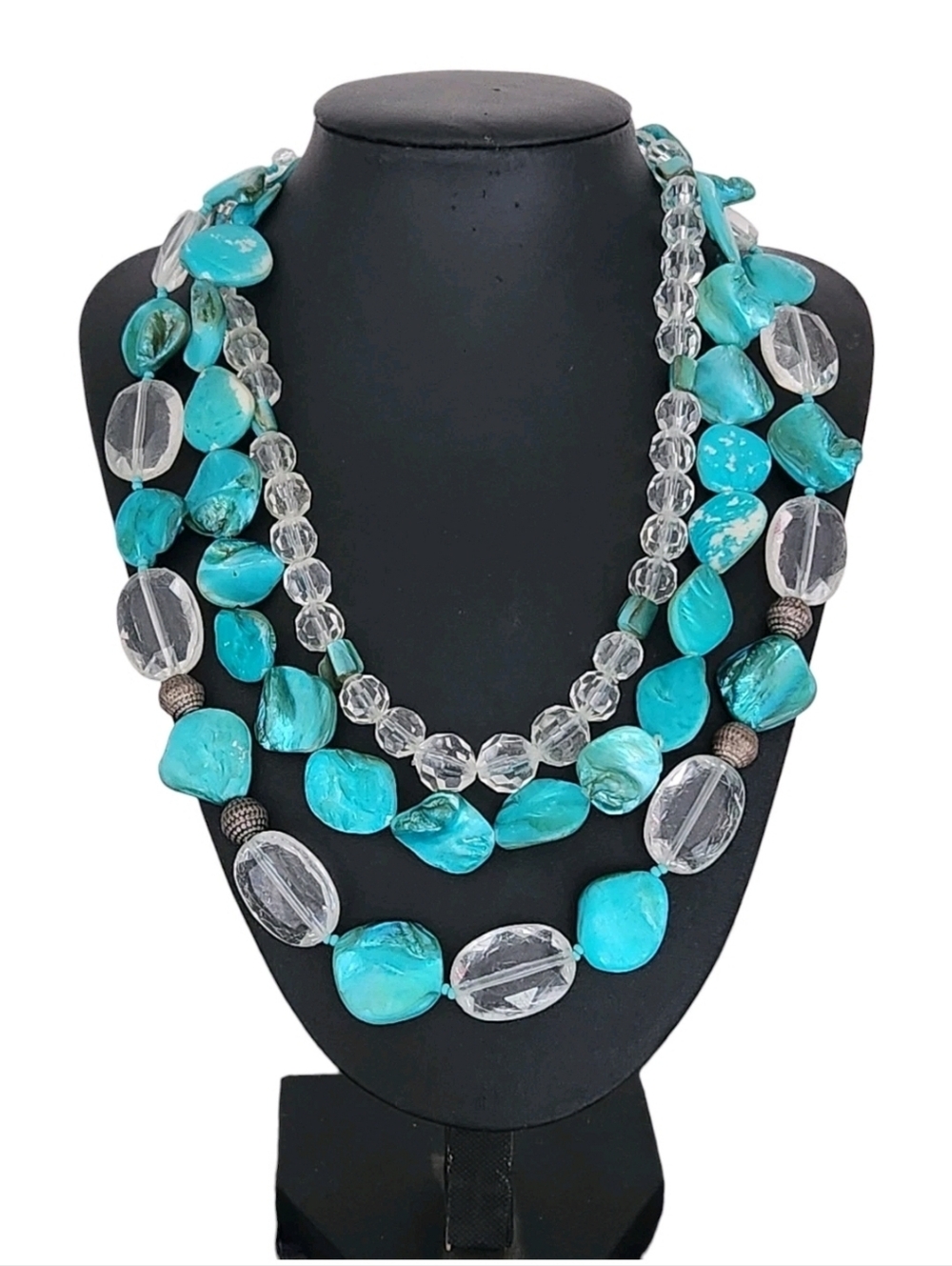 Triple Strand Dyed Mother of Pearl Necklace Turquoise Shell Clear Beads 21"